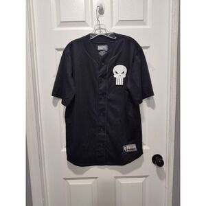 Marvel The Punisher 74 Baseball Jersey Mens M Medium Black Button Front‎ Shirt